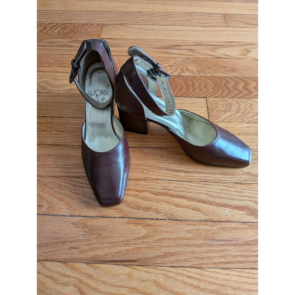 Joan & David Couture Brown Leather Square Toe Ankle Strap Block Heel Pumps